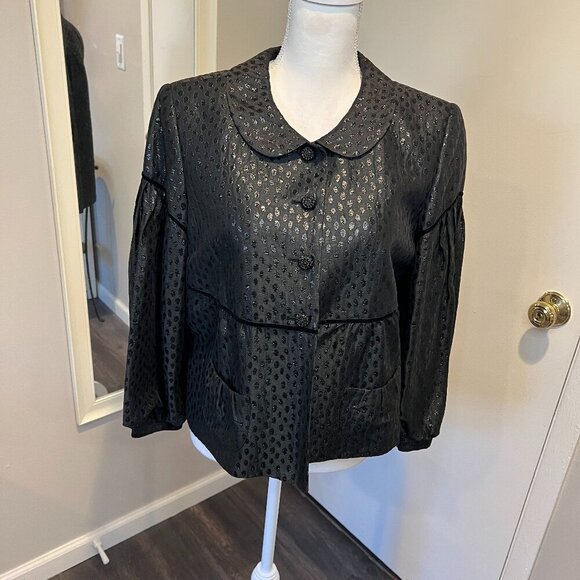 Anne Klein Black Silk Blend Jacquard Empire Waist Balloon sleeve Jacket, Size 12 - Picture 1 of 16